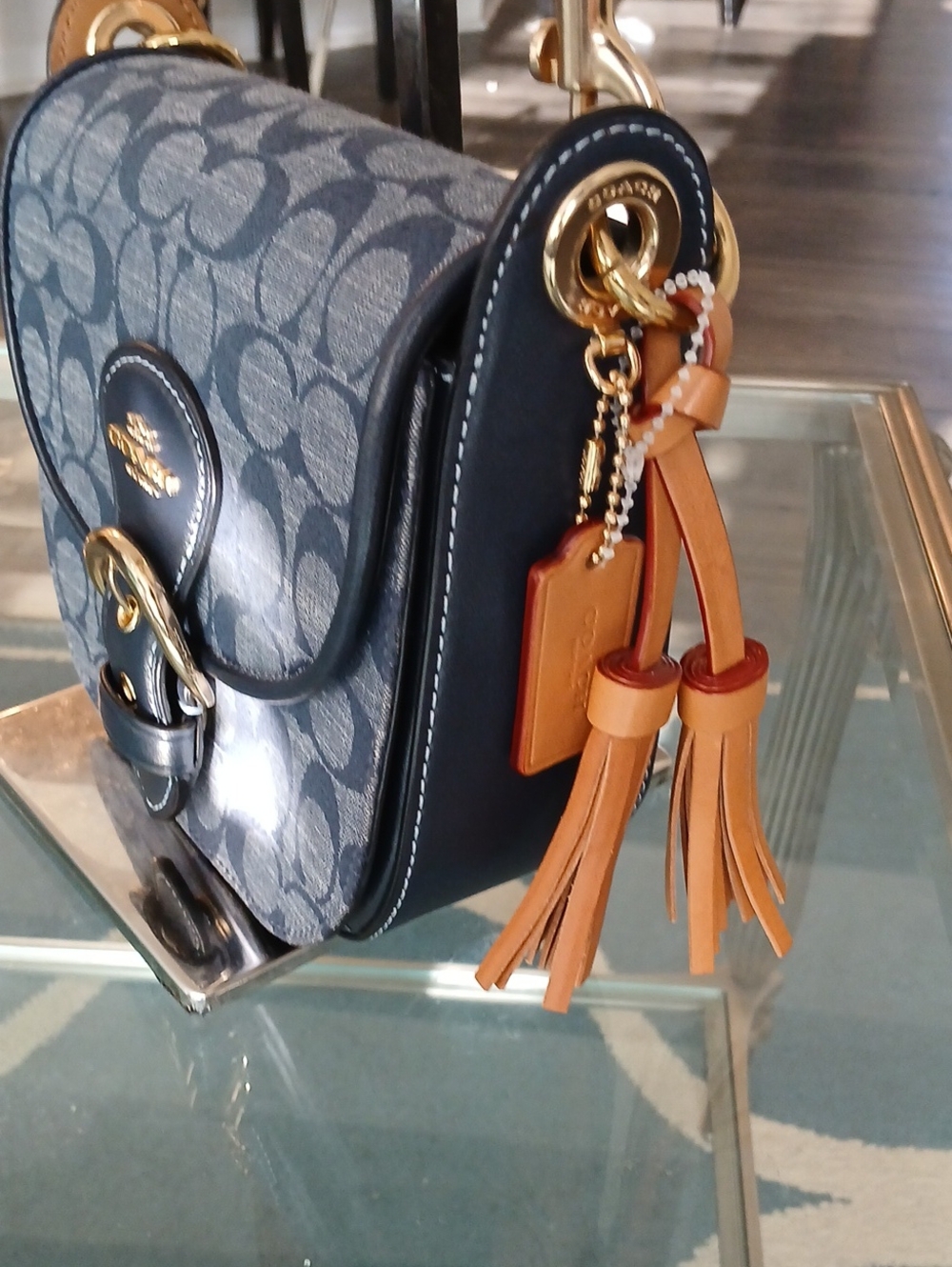 Coach Kleo Navy Signature Denim Crossbody with Tan Leather Strap and Tassel - Picture 5 of 10